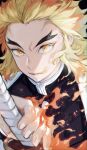  1boy black_background blonde_hair blurry breathing_fire burning cape colored_tips demon_slayer_uniform depth_of_field fighting_stance fire forked_eyebrows hair_slicked_back hand_up highres holding holding_sword holding_weapon katana kimetsu_no_yaiba long_sleeves looking_at_viewer makoto_(roketto-massyumaro) male_focus medium_hair multicolored_hair orange_eyes orange_hair parted_lips ready_to_draw rengoku_kyoujurou simple_background solo streaked_hair sword upper_body weapon white_cape 