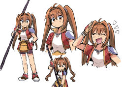  1girl antenna_hair armor bike_shorts bo_staff brown_hair closed_eyes cropped_jacket eiyuu_densetsu estelle_bright fingerless_gloves gloves hair_intakes holding holding_staff legs open_mouth pauldrons shorts shorts_under_skirt shoulder_armor single_pauldron sora_no_kiseki staff tsubobot twintails white_background 