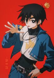  1boy belt black_eyes black_hair bodysuit candy chinese_commentary commentary_request coolherry covered_navel crop_top crown dated false_memory food halo hand_on_own_hip highres jacket jewelry lollipop looking_at_viewer male_focus necklace pants print_shirt protagonist_halo red_background shirt simple_background skin_tight solo thick_eyebrows tongue tongue_out 