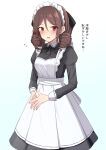  1girl akahi242 alternate_costume apron black_dress blush brown_hair dress drill_hair enmaided flying_sweatdrops harukaze_(kancolle) highres juliet_sleeves kantai_collection long_sleeves maid maid_apron maid_headdress open_mouth puffy_sleeves red_eyes short_hair solo translation_request white_apron 