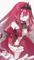  1girl baobhan_sith_(fate) baobhan_sith_(first_ascension)_(fate) breasts chinese_commentary commentary_request detached_sleeves dress fate/grand_order fate_(series) frilled_dress frills grey_eyes hair_ornament highres long_hair pink_hair pointy_ears red_dress sidelocks snyoki solo 