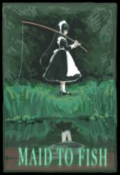  1girl apron black_border black_dress black_hair black_shoes border dress english_text faceless faceless_female fishing fishing_rod forest frilled_apron frilled_hairband frills from_side grass hairband hand_up highres holding holding_fishing_rod juliet_sleeves long_dress long_hair long_sleeves maid maid_apron maid_headdress mary_janes nature no_lineart original outdoors pond profile puffy_sleeves pun reflection reflective_liquid shaded_face shoes socks solo standing susu_(mikufanclub) water white_apron white_hairband white_socks wide_shot 