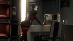  1girl 3d armor ass bed black_skin blue_eyes blue_hair bunk_bed cattle_prod colored_skin commentary computer_keyboard elster_(signalis) english_commentary figure gun handgun highres holster holstered kolibri_(signalis) leaning_forward looking_back metal_skin monitor retrofuturism robot_girl rookie425 short_hair shoulder_armor signalis solo source_filmmaker_(medium) turning_head weapon 