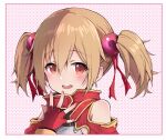  1girl bare_shoulders blush border brown_hair clothing_cutout commentary dotted_background fingerless_gloves gloves hair_between_eyes looking_at_viewer nean open_mouth red_eyes red_gloves short_twintails shoulder_cutout silica solo sword_art_online teeth twintails upper_body upper_teeth_only white_border 