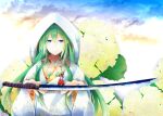  1girl closed_mouth clouds floral_print flower fudo_shin green_eyes green_hair hands_up highres himetsuru_ichimonji_(tenka_hyakken) holding holding_sword holding_weapon hood hydrangea japanese_clothes kimono leaf looking_at_viewer open_hands shiromuku sidelocks sky smile solo straight-on sword tachi_(weapon) tassel tenka_hyakken uchikake wataboushi weapon wide_sleeves 