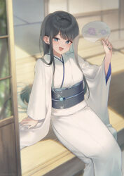  1girl :d arm_support black_hair blue_eyes commentary_request earrings fang feet_out_of_frame hand_fan highres holding holding_fan japanese_clothes jewelry kimono long_hair midorikawa_you obi original paper_fan sash sitting smile solo uchiwa very_long_hair white_kimono 