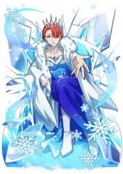  artist_request blue_dress bungou_stray_dogs bungou_stray_dogs:_mayoi_inu_kaikitan cape dress hair_ornament high_heels jewelry necklace official_art ozaki_kouyou_(bungou_stray_dogs) red_hair shoes short_hair smile snow snowflakes white_cape white_shoes 