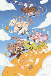 >_< 4girls :d absurdres angelina_(arknights) angelina_the_mellow_wish_(arknights) animal animal_ear_fluff animal_ears animalization arknights black_boots black_collar black_gloves black_hairband blue_sky boots brown_hair bug carrot chibi chibi_only chinese_commentary closed_eyes clouds collar commentary_request detached_sleeves dragonfly dress earpiece fingerless_gloves floating floating_hair flying food fox fox_ears fox_girl fruit full_body giving_up_the_ghost gloves gradient_hair hair_between_eyes hairband highres holding holding_umbrella ice_cream_cone infection_monitor_(arknights) jacinta_(arknights) long_hair long_sleeves looking_at_another midair multicolored_hair multicolored_hairband multiple_girls open_mouth orange_(fruit) orange_gloves outdoors parasol person_and_animalization pink_eyes pink_hair pizza rabbit rabbit_ears rabbit_girl raccoon raccoon_ears raccoon_girl shuiguai sky smile staff_riding tears thumpy_(arknights) timeslot_(arknights) twintails two-tone_hairband umbrella very_long_hair white_dress 