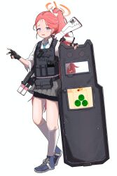  1girl absurdres alternate_costume ballistic_shield black_gloves black_shorts blue_archive blue_shoes bulletproof_vest collared_shirt commentary_request cosplay crossdraw_holster fingerless_gloves forehead gloves grey_skirt gun gun_on_back halo highres holding holding_shield hoshino_(armed)_(blue_archive) hoshino_(blue_archive) hoshino_(blue_archive)_(cosplay) kneehighs long_hair orange_halo pleated_skirt ponytail qed9020 red_hair shield shirt shoes shorts shorts_under_skirt shotgun skirt sneakers socks solo very_long_hair violet_eyes weapon weapon_on_back white_shirt white_socks yuzu_(blue_archive) 