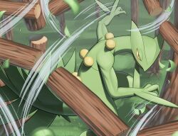  arm_blade claws colored_sclera commentary_request cut_(pokemon) cutting highres kihada_magulo log no_humans pokemon pokemon_(creature) pokemon_focus pokemon_move sceptile solo standing tail tree weapon yellow_sclera 