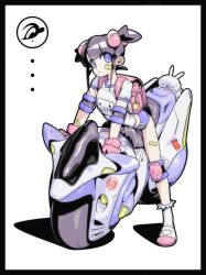  1girl absurdres animal artist_logo backpack bag bandaid bandaid_on_cheek bandaid_on_face bandaid_on_leg bandaid_on_thigh black_border black_hair blue_buruma blue_eyes border buruma closed_mouth commentary egg_hair_ornament elbow_pads film_grain food-themed_hair_ornament gloves gym_uniform hair_ornament highres knee_pads leaning_forward logo mary_janes midriff_peek motor_vehicle motorcycle name_tag nyamofe on_motorcycle original pink_bag pink_gloves rabbit randoseru shadow shoes short_hair short_sleeves short_twintails simple_background socks solo sweat tongue tongue_out twintails white_background white_rabbit_(animal) white_shoes white_socks 