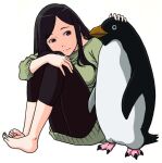  1girl animal aoi_nori_(aoicoblue) barefoot bird black_hair brown_eyes closed_mouth green_sweater knees_up long_hair original pants penguin simple_background sitting smile sweater white_background yoga_pants 