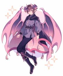  1boy absurdres black_boots black_cape black_pants boots brown_hair cape closed_mouth commentary_request commission demon_boy demon_horns demon_wings fold-over_boots full_body hair_between_eyes highres horns knee_boots long_sleeves looking_at_viewer male_focus numbers_(pigpenandpaper) original pants pointy_ears puffy_long_sleeves puffy_sleeves purple_shirt purple_wings shirt smile solo sparkle vgen_commission violet_eyes white_background wings 