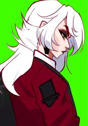  1girl alternate_hairstyle animal_ears black_eyeliner black_eyeshadow black_leotard deadlock_(game) eyeliner eyeshadow graves_(deadlock) green_background green_eyes highres jacket leotard lilmittensx3 long_hair makeup red_jacket shirt simple_background solo white_hair white_shirt 