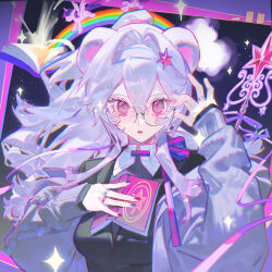  1girl adjusting_eyewear animal_ears black_jacket book breasts cardigan chinese_commentary commentary_request glasses hair_between_eyes hairband hand_on_eyewear hands_up highres holding holding_book jacket jewelry ka_xi lin_(arknights) lin_(knowledge_and_magic)_(arknights) long_hair long_sleeves looking_at_viewer medium_breasts mouse_ears mouse_girl my_little_pony my_little_pony:_friendship_is_magic nail_polish neck_ribbon official_alternate_costume open_book pink_eyes pony_(animal) purple_cardigan purple_hair purple_hairband purple_nails purple_ribbon rainbow ribbon ring solo sparkle twilight_sparkle upper_body violet_eyes 