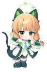  1girl :3 :d absurdres animal_ear_headphones animal_ears black_shorts black_thighhighs blue_archive blue_necktie blunt_bangs cat_ear_headphones cat_tail chibi coat collared_shirt commentary fake_animal_ears fake_tail full_body green_eyes hair_ribbon halo headphones highres knees_together_feet_apart long_sleeves looking_at_viewer metaljelly momoi_(blue_archive) necktie open_clothes open_coat orange_hair parted_bangs paw_pose ribbon school_uniform shirt short_hair shorts sidelocks simple_background smile solo suspenders tail thigh-highs tress_ribbon white_background white_coat white_shirt zettai_ryouiki 