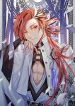  1boy absurdres artist_name black_hair dragon_print earrings eyebrow_cut fate/grand_order fate_(series) hair_between_eyes hand_on_own_face highres ichimichi_111 jacket japanese_clothes jewelry long_hair long_sleeves looking_at_viewer male_focus multicolored_hair pectoral_cleavage pectorals red_eyes redhead smile solo streaked_hair takasugi_shinsaku_(fate) underpec upper_body white_hair white_jacket 