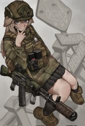  1girl ak-12 animal_ears assault_rifle black_socks blue_eyes boots brown_boots brown_hair bullet_hole combat_helmet commentary dog_ears dog_girl english_commentary foregrip grey_background gun gun_sling helmet highres kalashnikov_rifle load-bearing_vest long_hair magazine_(weapon) military_patch military_uniform mr_banzai optical_sight original pleated_skirt rifle sign skirt smile socks solo_focus suppressor tactical_clothes v vertical_foregrip weapon 
