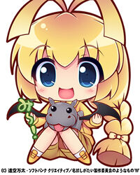  1boy :d antenna_hair bat_wings black_wings blonde_hair blue_eyes bow braid braided_ponytail brown_shorts chibi chibi_only commentary_request creature full_body hair_bow haiyore!_nyaruko-san hastur_(nyaruko-san) hippopotamus holding holding_creature hood hood_down hoodie hoshikuzu_no_yoru invisible_floor knees_together_feet_apart long_hair long_sleeves looking_at_viewer low-tied_long_hair low_ponytail lowres male_focus open_mouth ponytail shantak-kun_(nyaruko-san) shoes shorts simple_background sitting sleeves_past_wrists smile socks solo sound_effects straight-on trap undersized_animal white_background white_socks wings yellow_hoodie yellow_shoes 