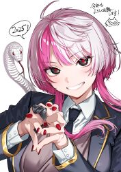  1girl 2025 ahoge blazer blush brown_eyes chinese_zodiac claw_ring collared_shirt gradient_hair grin hands_up highres ice_reizou jacket long_sidelocks looking_at_viewer multicolored_hair nail_polish necktie nengajou new_year original own_hands_together pink_hair red_nails red_pupils shirt short_hair sidelocks smile snake speech_bubble sweater_vest two-tone_hair upper_body white_hair year_of_the_snake 