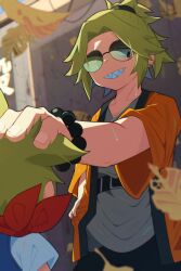  1boy 1other absurdres aviator_sunglasses back bead_bracelet beads blonde_hair bracelet cowboy_shot curtained_hair eyes_visible_through_eyewear falling_leaves foreshortening grin hand_focus haori headpat highres honogurashi_no_niwa japanese_clothes jewelry kisuke_(honogurashi) leaf male_focus ponytail protagonist_(honogurashi) rameco red_scarf sanpaku scarf shade sharp_teeth short_hair short_ponytail short_sleeves smile sunglasses sweat teeth yellow_haori 