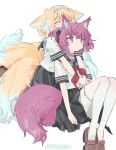  2girls alternate_costume animal_ear_fluff animal_ears arknights artist_name black_sailor_collar black_skirt blonde_hair braid brown_footwear chinese_commentary closed_eyes commentary_request fox_ears fox_girl fox_tail hug hug_from_behind kitsune kneeling knees_up kyuubi looking_up matching_outfit multicolored_hair multiple_girls multiple_tails pantyhose parted_lips pleated_skirt purple_hair red_(girllove) red_ribbon ribbon sailor_collar school_uniform serafuku shamare_(arknights) shirt shoes short_hair short_sleeves sitting skirt suzuran_(arknights) tail twin_braids twintails two-tone_hair violet_eyes white_background white_hair white_pantyhose white_shirt 