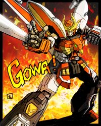  absurdres arm_blade black_border border commentary_request embers fighting_stance fire fire_dagwon foot_out_of_frame green_eyes highres legs_apart mecha mecha_focus moyan no_humans outside_border outstretched_arm robot science_fiction solo sound_effects standing super_robot twitter_username v-fin weapon yuusha_series yuusha_shirei_dagwon 