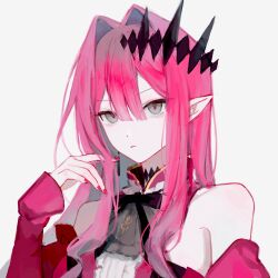  1girl absurdres baobhan_sith_(fate) baobhan_sith_(first_ascension)_(fate) breasts buji_(5d378a7e00000000100015e8) commentary_request detached_sleeves dress earrings fate/grand_order fate_(series) grey_eyes hair_intakes hair_ornament highres jewelry long_hair looking_at_viewer pink_dress pink_hair sidelocks solo 