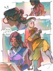  1boy 1girl aang arrow_(symbol) arrow_tattoo artist_name avatar_aang:_the_last_airbender avatar_legends bald beads blue_dress blue_eyes blue_sleeves boots border breasts brown_eyes brown_hair cloak closed_mouth commentary dark-skinned_female dark_skin detached_sleeves dress english_commentary english_text fur-trimmed_dress fur_trim grey_boots head_tattoo hetero highres holding holding_pen katara lacampanule long_hair looking_at_another medium_breasts parted_bangs pen pendant_choker red_cloak robe smile sneaking tattoo upper_body white_border writing yellow_robe 