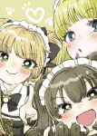  3girls :o alternate_costume black_bow black_bowtie black_hair blonde_hair blush bow bowtie drill_hair enmaided fingernails heart idolmaster idolmaster_cinderella_girls jougasaki_rika looking_at_viewer maid maid_headdress mary_cochran matoba_risa mofuku multiple_girls nail_polish paw_print pointing pointing_at_viewer smile twintails 