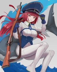  1girl absurdres bodysuit bolt_action english_commentary fins fish_tail gloves gun gun_sling hat highres holding holding_gun holding_weapon impossible_clothes klottinen lee-enfield original peaked_cap red_eyes red_hair rifle shark_tail solo tail weapon white_bodysuit 