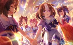  5girls :o ^_^ agnes_digital_(umamusume) ahoge animal_ear_piercing animal_ears artist_request bag bare_arms blue_bow blue_bowtie blue_eyes blue_shirt blue_sky blurry blurry_foreground bow bowtie breasts brooch brown_hair building candy candy_cane closed_eyes clouds collarbone colored_inner_hair cowboy_shot curious daitaku_helios_(umamusume) diamond_hair_ornament ear_covers ear_ornament ear_ribbon ears_down food frilled_skirt frills game_asset garland_(decoration) grocery_bag hair_between_eyes hair_bobbles hair_ornament hairband hairclip happy high-waist_skirt high_ponytail holding holding_bag horse_ears horse_girl horse_tail horseshoe_ornament jewelry large_bow large_breasts leaning_forward lens_flare light_particles light_rays looking_at_another loose_hair_strand medium_hair meisho_doto_(umamusume) mejiro_palmer_(umamusume) messy_hair miniskirt multicolored_hair multiple_girls multiple_piercings official_art open_mouth outdoors parted_lips pink_hairband pitchfork pleated_skirt pointy_nose ponytail puffy_short_sleeves puffy_sleeves purple_ribbon red_bow ribbon sailor_collar school_uniform scroll sharp_teeth shinko_windy_(umamusume) shirt shopping_bag short_hair short_hair_with_long_locks short_sleeves side_ponytail sidelocks skirt sky skyscraper smile star_(symbol) star_hair_ornament star_sticker sticker sticker_on_face streaked_hair summer_uniform sun sunset tail teeth thigh-highs third-party_source tracen_school_uniform two-tone_hair two-tone_shirt two_side_up umamusume v-shaped_eyebrows violet_eyes walking white_sailor_collar white_shirt white_skirt white_thighhighs 