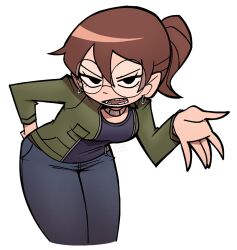  1girl black_eyes blue_pants breasts brown_hair commentary commission cropped_legs denim earrings english_commentary glasses green_jacket hair_between_eyes hand_on_own_back high_ponytail hoop_earrings jacket jeans jewelry julie_powers leaning_forward long_sleeves looking_at_viewer maxoke medium_breasts necklace open_clothes open_jacket open_mouth pants ponytail rimless_eyewear round_eyewear scott_pilgrim_(series) scott_pilgrim_takes_off simple_background solo v-shaped_eyebrows white_background 