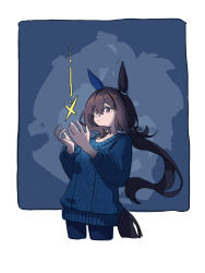 1girl absurdres admire_vega_(casual)_(umamusume) admire_vega_(umamusume) agay1996 animal_ears blue_pants blue_sweater blush breasts brown_hair casual ear_covers hair_between_eyes highres horse_ears horse_girl horse_tail long_hair long_sleeves pants ponytail single_ear_cover solo sweater tail umamusume violet_eyes 