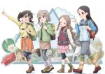  4girls aoba_kokona backpack bag black_hair black_pantyhose blue_jacket brown_footwear brown_hair china_(animator) clothes_around_waist glasses green_bag green_eyes green_jacket grey_hair grin hair_ornament hairclip jacket jacket_around_waist kuraue_hinata lily_pad long_hair looking_at_another loose_socks multiple_girls official_art orange_bag orange_jacket pantyhose pink_bag pink_skirt pleated_skirt pointing pointing_up red_footwear saitou_kaede_(yama_no_susume) shoes short_hair skirt smile sneakers socks sweater twintails v-neck violet_eyes walking yama_no_susume yellow_footwear yellow_sweater yukimura_aoi 
