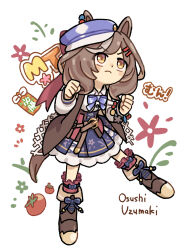  1girl animal_ears belt_bag blue_bow blue_hat blush boots bow breasts brown_boots brown_hair center_frills closed_mouth clothing_cutout commentary_request corset ears_through_headwear frills frown hair_ornament hairclip hat highres horse_ears horse_girl horse_tail matikanetannhauser_(clippety-tippety-clop)_(umamusume) matikanetannhauser_(umamusume) medium_hair multicolored_hair newsboy_cap parallel_hairclips red_corset shirt shoulder_cutout skirt solo streaked_hair tail tilted_headwear tomato umamusume uzumaki_osushi white_shirt yellow_eyes 