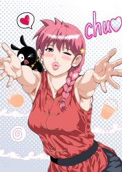  1girl absurdres armpits bandana black_pants blush braid breasts bucket chinese_clothes clouds colored_eyebrows commentary_request eyeshadow food halftone heart highres kamaboko kettle large_breasts lips makeup narutomaki nobuyuki_(pixiv_37348732) one_eye_closed outstretched_arms p-chan_(ranma_1/2) pants partial_commentary pig pink_eyes pink_hair puckered_lips ranma_1/2 red_shirt saotome_ranma saotome_ranma_(female) sash shirt single_braid sound_effects speech_bubble spoken_heart star_(symbol) 