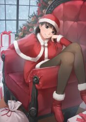  1girl amagami ayatsuji_tsukasa black_eyes black_hair black_pantyhose blunt_bangs boots box capelet chair christmas christmas_tree closed_mouth commentary dress feet_out_of_frame fur-trimmed_boots fur-trimmed_capelet fur-trimmed_dress fur-trimmed_headwear fur_trim gift gift_box hat high_heel_boots high_heels highres indoors knees_up long_hair long_sleeves looking_at_viewer mikawa_mikan on_chair pantyhose red_boots red_capelet red_dress red_hat sack santa_costume santa_dress santa_hat sitting snowing solo window winter 