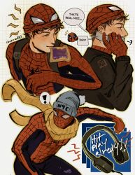  ! 1boy absurdres animal_print artist_name backpack bag beanie bodysuit bread bread_slice brown_eyes brown_hair calling cellphone checkered_background chibi chibi_inset cocoa_wdsis cowboy_shot eating english_text flip_phone food from_side hat headphones highres holding holding_phone long_sleeves marvel mask mask_lift multicolored_bodysuit peter_parker phone print_bodysuit red_bodysuit scarf short_hair smile speech_bubble spider-man spider-man:_brand_new_day spider-man_(series) spider_print spider_web_print superhero_costume sweater twitter_username two-tone_bodysuit upper_body very_short_hair 