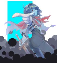  1other absurdres androgynous armor ass black_bodysuit blue_skin bodysuit breastplate cape colored_skin commentary_request deltarune elihasu_utdr expressionless gloves hair_between_eyes hair_over_one_eye highres holding holding_sword holding_weapon kris_(dark_world)_(deltarune) kris_(deltarune) looking_at_viewer other_focus pointing pointing_at_viewer red_cape red_eyes short_hair simple_background skin_tight sleeveless sleeveless_bodysuit smoke sword utdr_(toby_fox) weapon white_background 