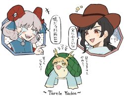  2girls animal_with_hair bandana bandana_around_neck black_hair blonde_hair blue_bandana blue_dress brown_hat commentary_request cowboy_hat curly_hair detached_sleeves dress earrings grey_hair hat highres hoop_earrings horn_ornament horn_ribbon horns jewelry kicchou_yachie kurokoma_saki multiple_girls open_mouth pointy_ears red_eyes red_horns red_sleeves ribbon sheep_horns speech_bubble sweatdrop tktkhappymchyru touhou toutetsu_yuuma translation_request turtle yellow_eyes 
