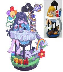  1girl barefoot black_hair blue_dress cake cake_slice cat chair commentary cup dress figure-referenced floating floating_object flower food fork grass highres holding holding_fork kabonacii lace-trimmed_dress lace_trim on_chair original plate pouring rainbow rainbow_flower red_flower red_ribbon reference_inset ribbon table teacup teapot toy_train white_background 