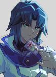  1boy blue_eyes blue_hair card closed_mouth collared_jacket highres holding holding_card jacket male_focus marufuji_ryou medium_hair portrait serious simple_background solo stim_yyy twitter_username white_background white_jacket yu-gi-oh! yu-gi-oh!_gx 