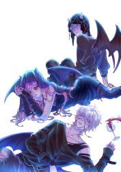  1girl 2boys alcohol alien_stage arm_warmers black_arm_warmers black_shirt black_veil black_wings blonde_hair brown_sweater colored_eyelashes commentary cup demon_boy demon_girl demon_horns demon_wings drinking_glass english_commentary green_eyes grey_hair grey_horns highres horns long_sleeves looking_back luka_(alien_stage) lying makeup mizi_(alien_stage) multiple_boys official_alternate_costume on_stomach pants pink_hair runny_makeup satonii23 shirt sitting sweater till_(alien_stage) veil wine wine_glass wings 