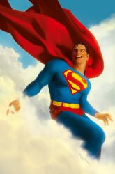  1boy absurdres belt black_hair blue_bodysuit blue_sky bodysuit bug cape clark_kent clouds dc_comics fly highres miguel_mercado muscular muscular_male red_cape red_shorts short_hair shorts sky smile superhero_costume superman superman_(series) superman_logo 