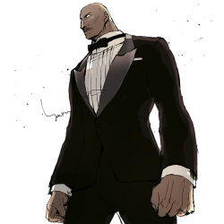  1boy artist_name bald black_bow black_bowtie black_shirt blank_eyes bow bowtie clenched_hands commander_gore commentary_request cowboy_shot dark-skinned_male dark_skin facial_hair formal_clothes haruhashi male_focus mustache shin_megami_tensei shin_megami_tensei:_strange_journey shirt signature suit tuxedo white_eyes 