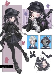  ammunition_pouch arm_belt asymmetrical_gloves bandaged_arm bandaged_hand bandages black_bow black_choker black_cloak black_coat black_dress black_gloves black_hair black_hat black_hood black_pantyhose black_ribbon black_shoes blue_ribbon bow braid bug butterfly choker cloak closed_mouth coat collar collared_dress collared_shirt commentary_request dress full_body gloves goggles goggles_on_headwear grey_eyes hair_bow hair_ornament hat highres kurobe_honoka kurobe_nanoka leg_belt long_hair looking_at_viewer mahou_shoujo_no_majo_saiban mask multiple_views mumumu_283 narehate_(mahou_shoujo_no_majo_saiban) neck_ribbon pantyhose plaid_clothes plaid_dress pouch red_butterfly red_eyes ribbon shirt shoes short_hair spiked_collar spikes spoilers twintails violet_eyes white_hair white_shirt 