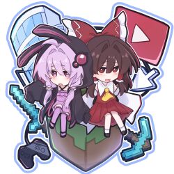  2girls 6_hb7pu absurdres animal_hood ascot black_coat block_(minecraft) bow brown_hair chibi chibi_only coat commentary_request controller criss-cross_halter crossover cursor detached_sleeves dress frilled_bow frilled_hair_tubes frills game_controller hair_bow hair_tubes hakurei_reimu halterneck highres hood hood_up hooded_coat long_hair long_sleeves looking_at_viewer minecraft minecraft_pickaxe minecraft_sword multiple_girls open_clothes open_coat open_mouth pickaxe pink_dress pink_eyes pink_hair pink_thighhighs rabbit_hood red_bow red_eyes red_skirt short_hair_with_long_locks sitting skirt skirt_set smile sword thigh-highs touhou vocaloid voiceroid weapon yellow_ascot youtube_logo yuzuki_yukari 