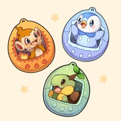  absurdres beak bird blush chimchar fangs fiery_tail fire flame-tipped_tail highres leaf monkey no_humans open_mouth penguin piplup pokemon pokemon_(creature) pokemon_focus sevi_(seviyummy) smile star_(symbol) starter_pokemon_trio tail tamagotchi tamagotchi_(virtual_pet) turtwig virtual_pet_(toy) water 