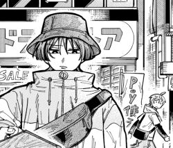  ._. 2boys ahoge alternate_costume bag blunt_ends boater_hat bracelet casual clenched_hands closed_mouth contemporary crossbody_bag fanny_pack fingernails genshin_impact greyscale handbag holding hood hood_down hooded_jacket jacket jewelry layered_sleeves long_sleeves looking_at_another looking_down mid-stride monochrome multiple_boys o-ring pants scaramouche_(genshin_impact) shop short_over_long_sleeves short_sleeves taka35_35 tartaglia_(genshin_impact) tsurime wispy_bangs zipper 